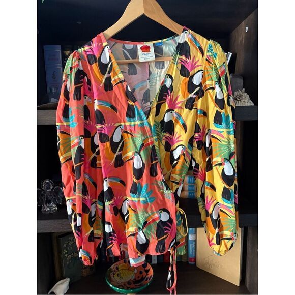 Anthropologie Farm Rio Rainforest Wrap Blouse Toucans Tropical Birds Size Small - Picture 6 of 10